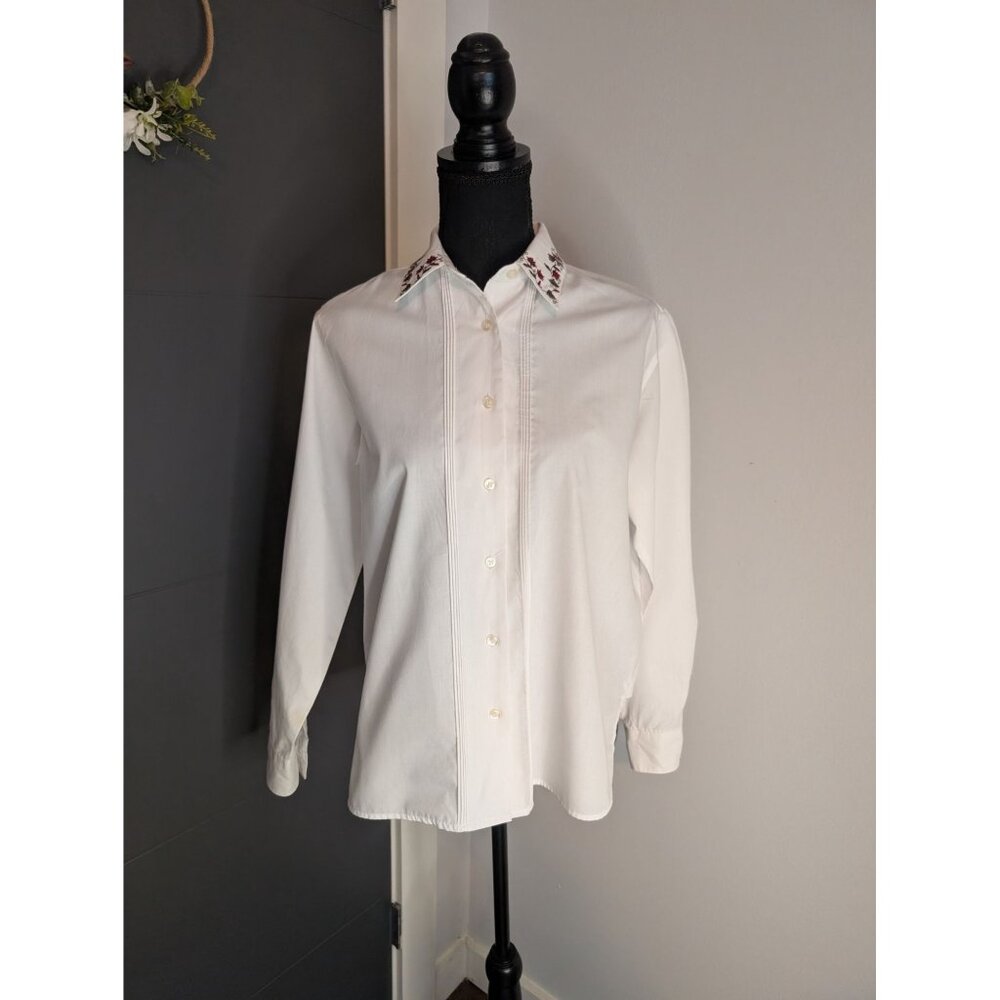 Vintage White Yves St Clair‎ Floral Embroidered Long Sleeve Button-Up - 8
